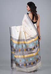 Off White Pure Tussar Dhakai Jamdani Saree with Blouse Piece - Adi Akshoy & Co.