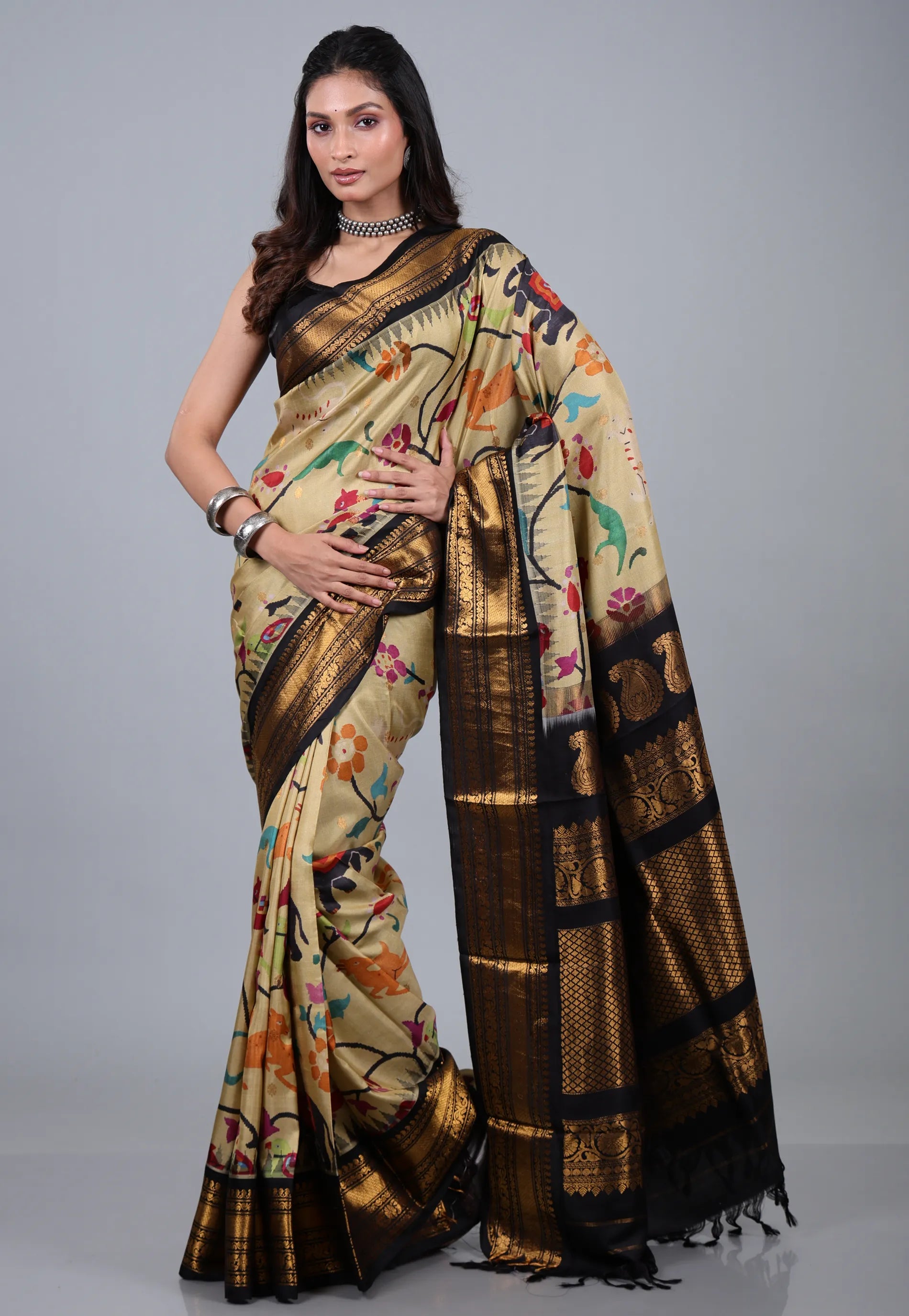 Tussar Colour Pure Kalamkari Silk Saree with Blouse Piece - Adi Akshoy & Co.
