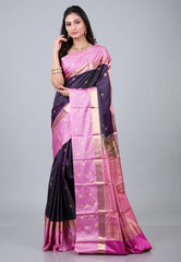 Cross Purple & Navy Blue Kanjivaram Silk Saree with Blouse Piece - Adi Akshoy & Co.