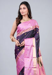 Cross Purple & Navy Blue Kanjivaram Silk Saree with Blouse Piece - Adi Akshoy & Co.