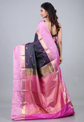 Cross Purple & Navy Blue Kanjivaram Silk Saree with Blouse Piece - Adi Akshoy & Co.