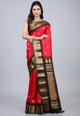 Red Pure Gadwal Silk Saree With Blouse Piece - Adi Akshoy & Co.