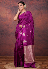 Magenta Pure Katan Silk Saree with Blouse Piece - Adi Akshoy & Co.