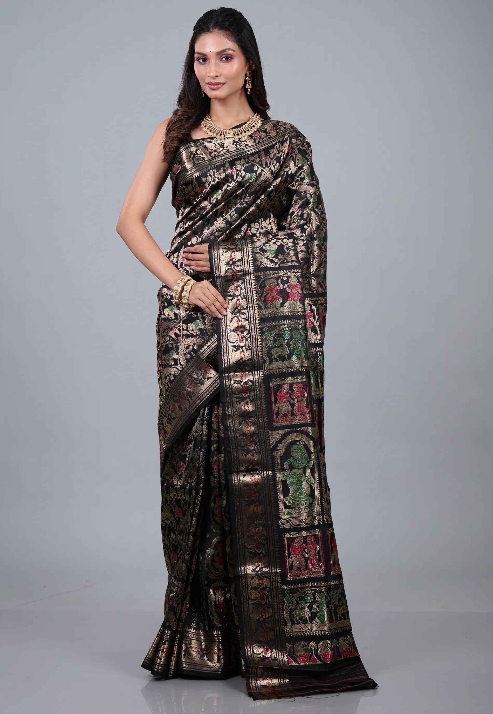 Black Brocade Pure Baluchari Silk Saree with Blouse Piece - Adi Akshoy & Co.