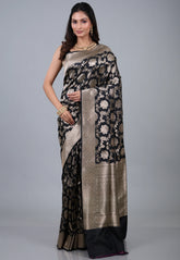 Black Pure Katan Jaal Silk Saree with Blouse Piece - Adi Akshoy & Co.