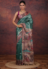 Rama Green Tussar Kalamkari Print Silk Saree with Blouse Piece - Adi Akshoy & Co.