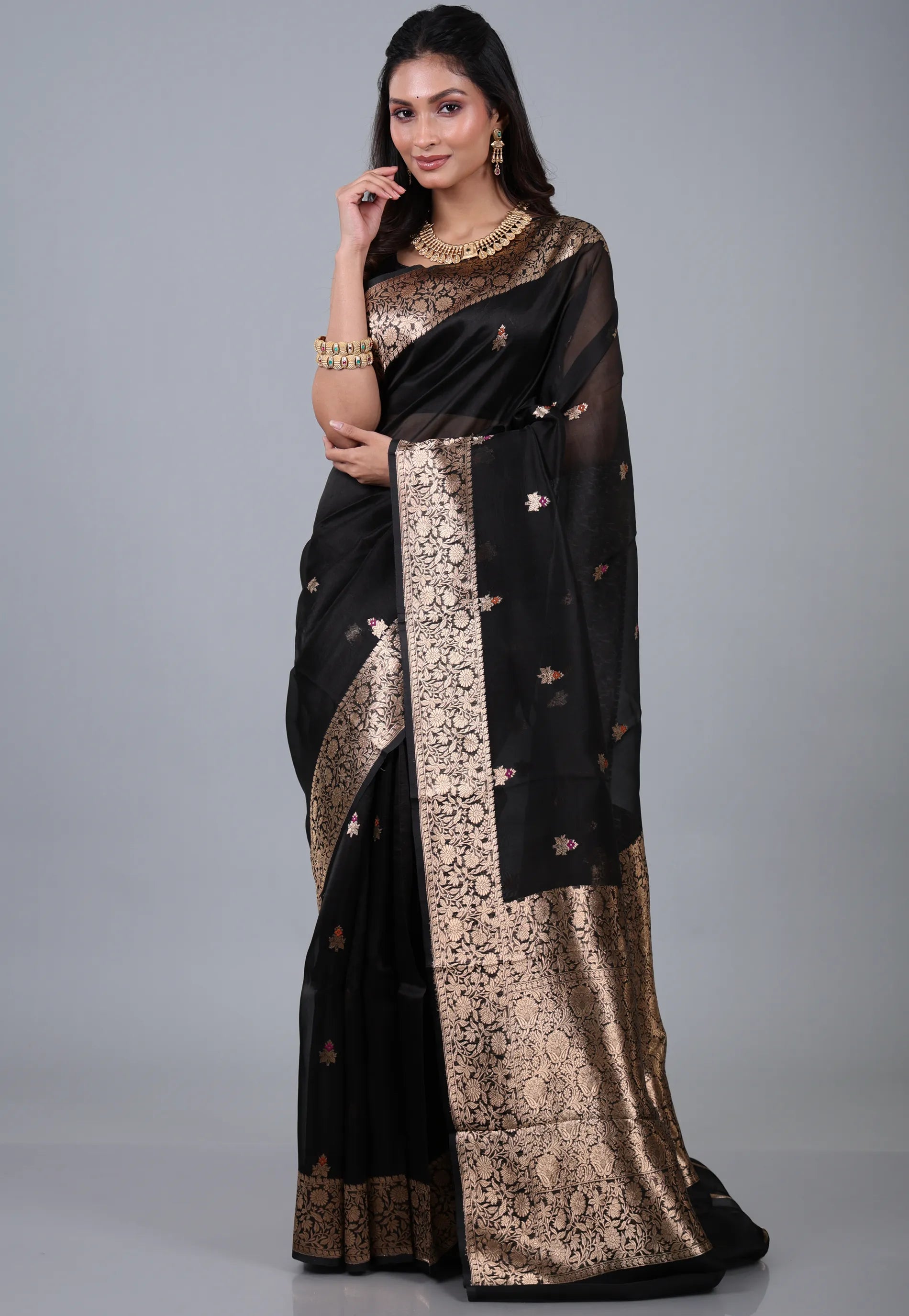 Black Pure Kora Silk Saree with Blouse Piece - Adi Akshoy & Co.