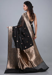 Black Pure Kora Silk Saree with Blouse Piece - Adi Akshoy & Co.