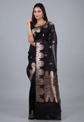 Black Pure Kora Silk Saree with Blouse Piece - Adi Akshoy & Co.