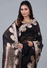 Black Pure Kora Silk Saree with Blouse Piece - Adi Akshoy & Co.