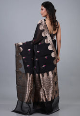 Black Pure Kora Silk Saree with Blouse Piece - Adi Akshoy & Co.