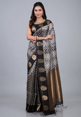 Grey & Black Tussar Kotki Print Silk Saree with Blouse Piece - Adi Akshoy & Co.