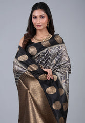 Grey & Black Tussar Kotki Print Silk Saree with Blouse Piece - Adi Akshoy & Co.
