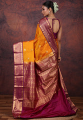 Mustard Yellow Kanjivaram Silk Saree with Blouse Piece - Adi Akshoy & Co.