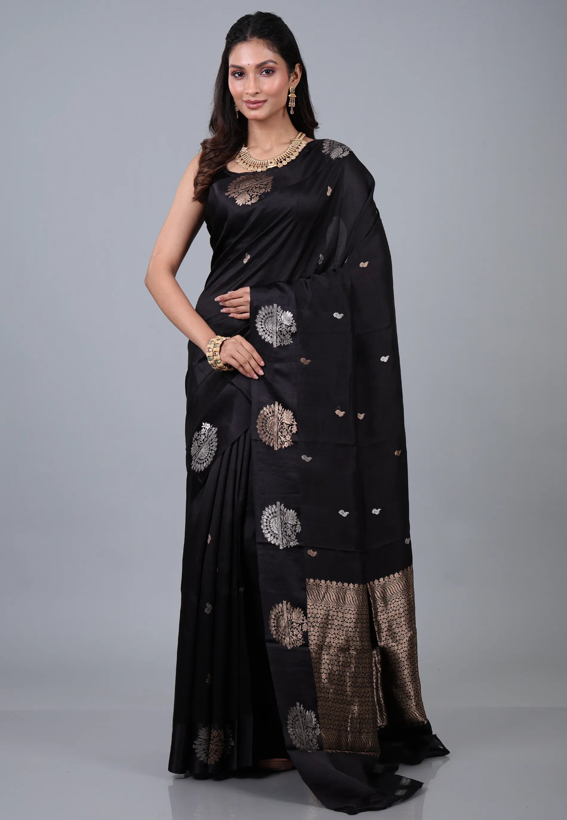 Black Pure Katan Silk Saree with Blouse Piece - Adi Akshoy & Co.