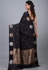 Black Pure Katan Silk Saree with Blouse Piece - Adi Akshoy & Co.