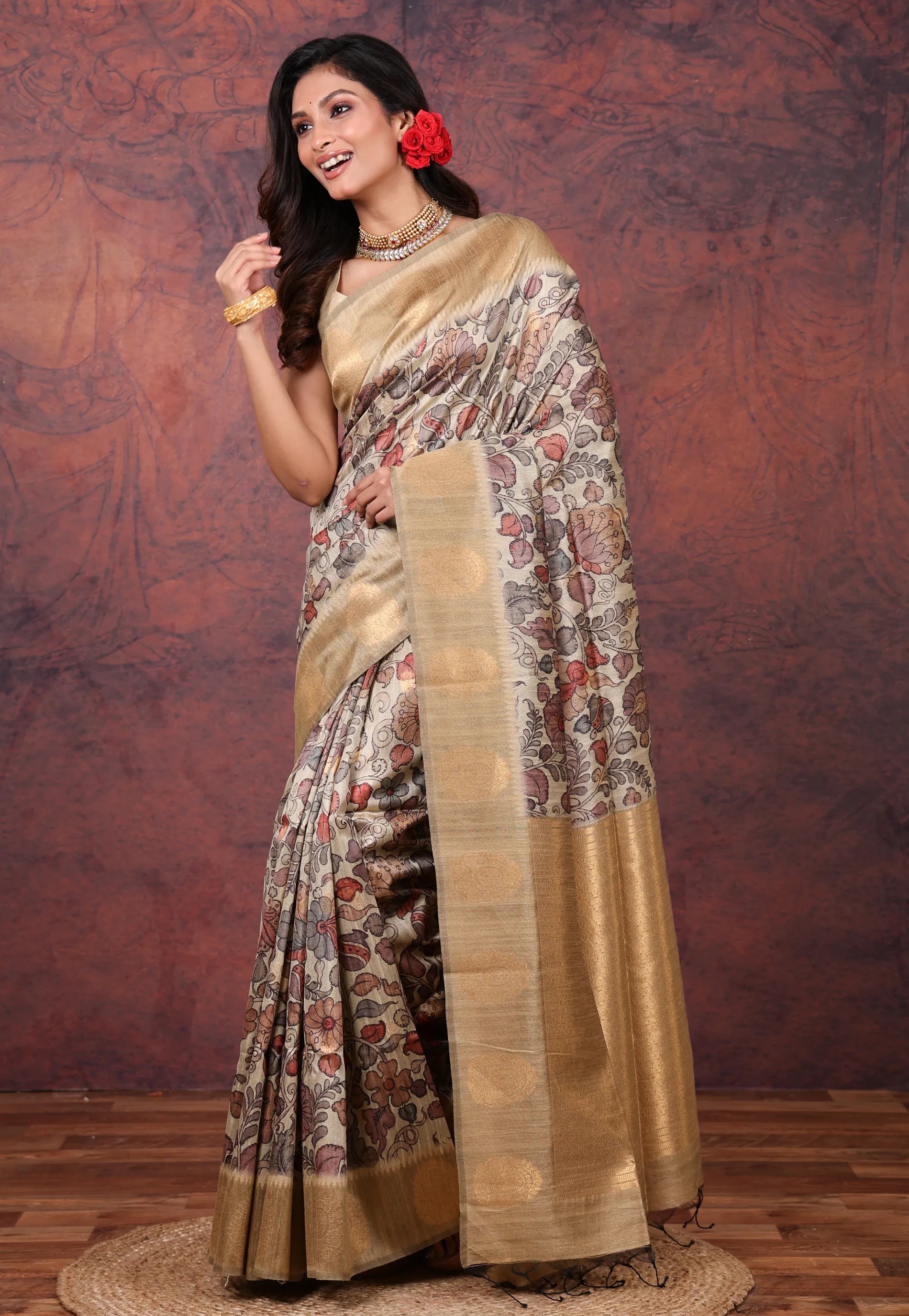 Tussar Colour Tussar Kalamkari Silk Saree with Blouse Piece - Adi Akshoy & Co.