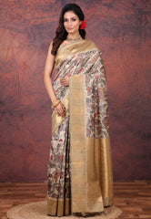 Tussar Colour Tussar Kalamkari Silk Saree with Blouse Piece - Adi Akshoy & Co.