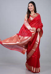 Red Pure Kora Silk Saree with Blouse Piece - Adi Akshoy & Co.