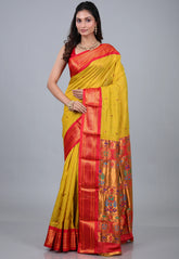 Mustard Paithani Silk Saree With Blouse Piece - Adi Akshoy & Co.