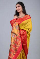 Mustard Paithani Silk Saree With Blouse Piece - Adi Akshoy & Co.