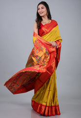 Mustard Paithani Silk Saree With Blouse Piece - Adi Akshoy & Co.