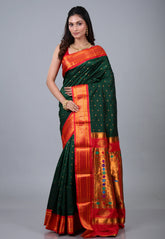 Bottle Green Paithani Silk Saree With Blouse Piece - Adi Akshoy & Co.