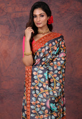 Black Pure Tussar Kantha Silk Saree With Blouse Piece - Adi Akshoy & Co.