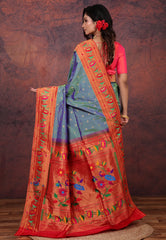 Cross Blue Paithani Silk Saree With Blouse Piece - Adi Akshoy & Co.