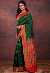 Bottle Green Pure Paithani Silk Saree With Blouse Piece - Adi Akshoy & Co.