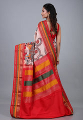 Beige Pinkish Tone Pure Kalamkari Silk Saree with Blouse Piece - Adi Akshoy & Co.