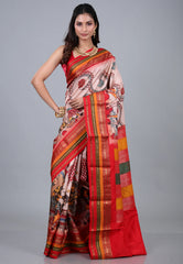 Beige Pinkish Tone Pure Kalamkari Silk Saree with Blouse Piece - Adi Akshoy & Co.