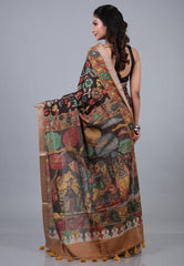 Black Floral Tussar Kalamkari Silk Saree with Blouse Piece - Adi Akshoy & Co.