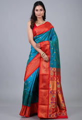 Peacock Blue Paithani Silk Saree With Blouse Piece - Adi Akshoy & Co.