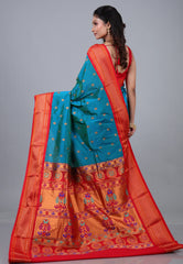 Peacock Blue Paithani Silk Saree With Blouse Piece - Adi Akshoy & Co.