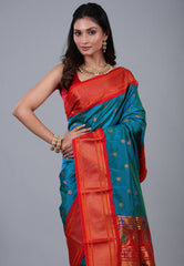 Peacock Blue Paithani Silk Saree With Blouse Piece - Adi Akshoy & Co.