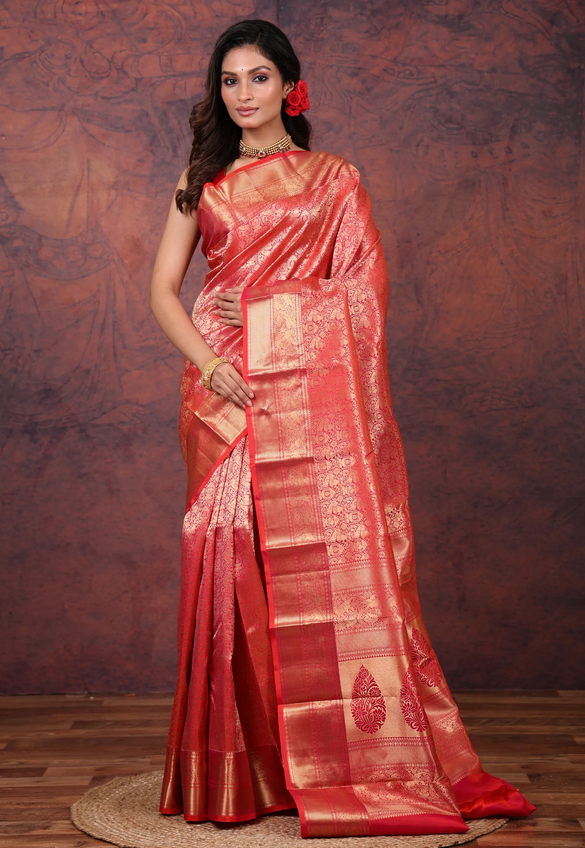 Red Brocade Pure Kanjivaram Silk Saree with Blouse Piece - Adi Akshoy & Co.
