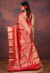 Red Brocade Pure Kanjivaram Silk Saree with Blouse Piece - Adi Akshoy & Co.