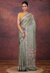 Off White Grey Pure Tussar Kantha Silk Saree With Blouse Piece - Adi Akshoy & Co.