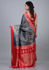 Blue Katan Silk Saree with Blouse Piece - Adi Akshoy & Co.