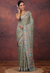 Off White Grey Pure Tussar Kantha Silk Saree With Blouse Piece - Adi Akshoy & Co.