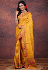 Mustard Yellow Pure Tussar Kantha Silk Saree With Blouse Piece - Adi Akshoy & Co.