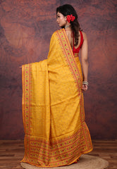 Mustard Yellow Pure Tussar Kantha Silk Saree With Blouse Piece - Adi Akshoy & Co.