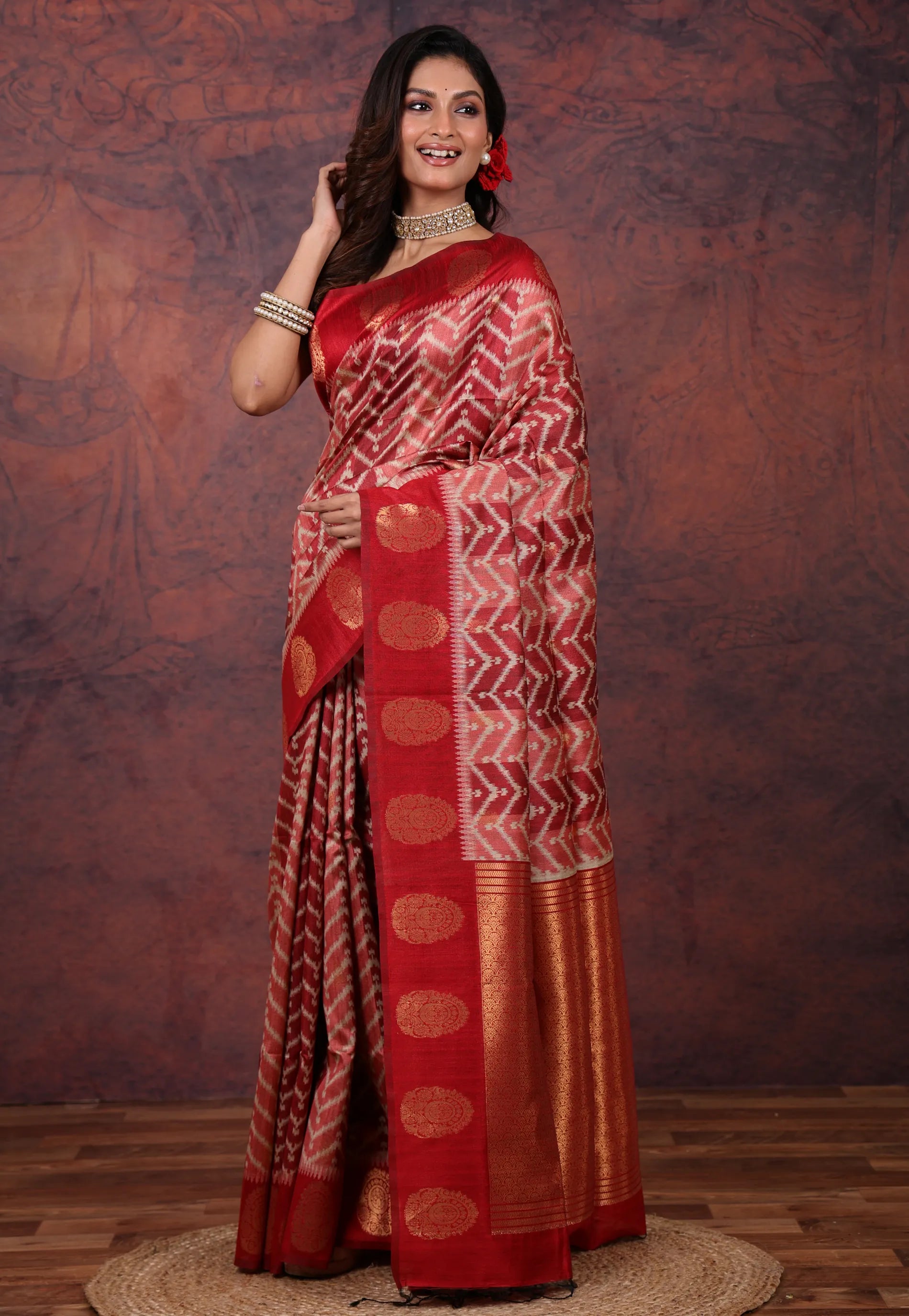 Maroon Tussar Kotki Print Silk Saree with Blouse Piece - Adi Akshoy & Co.