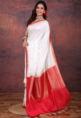 White Mashru Silk Saree with Blouse Piece - Adi Akshoy & Co.