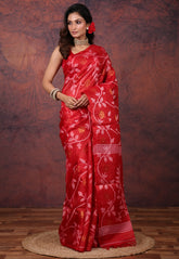 Red Pure Tussar Dhakai Jamdani Saree with Blouse Piece - Adi Akshoy & Co.