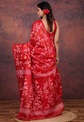 Red Pure Tussar Dhakai Jamdani Saree with Blouse Piece - Adi Akshoy & Co.