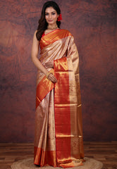 Golden Brocade Tissue Kanjivaram Silk Saree With Blouse Piece - Adi Akshoy & Co.