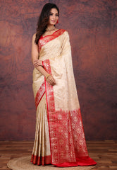 Beige Pastel Banarasi Saree With Blouse Piece - Adi Akshoy & Co.