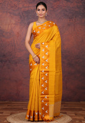 Yellow Tussar Kantha Silk Saree With Blouse Piece - Adi Akshoy & Co.